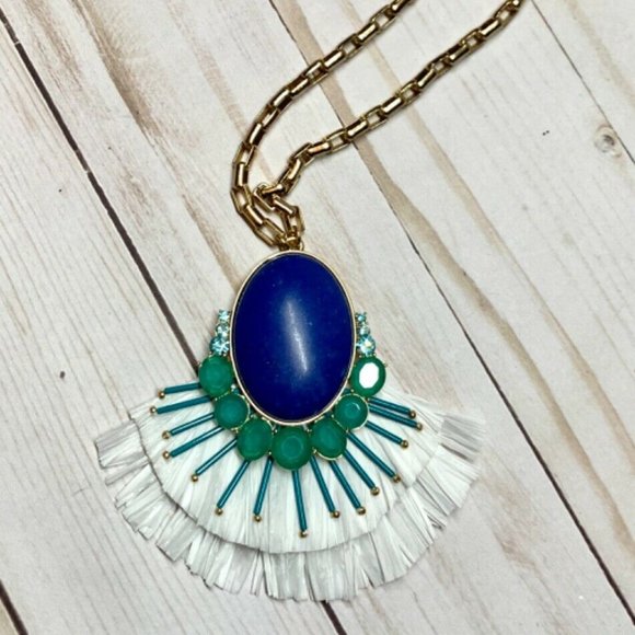 Kate Spade Turquoise and White Raffia Pendant 28"